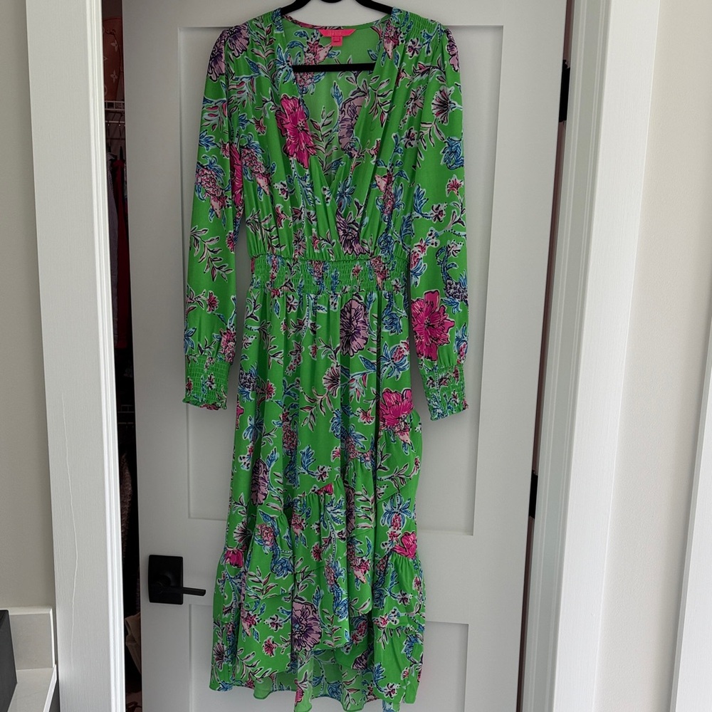 Lilly Floral Green Long Sleeve midi Dress